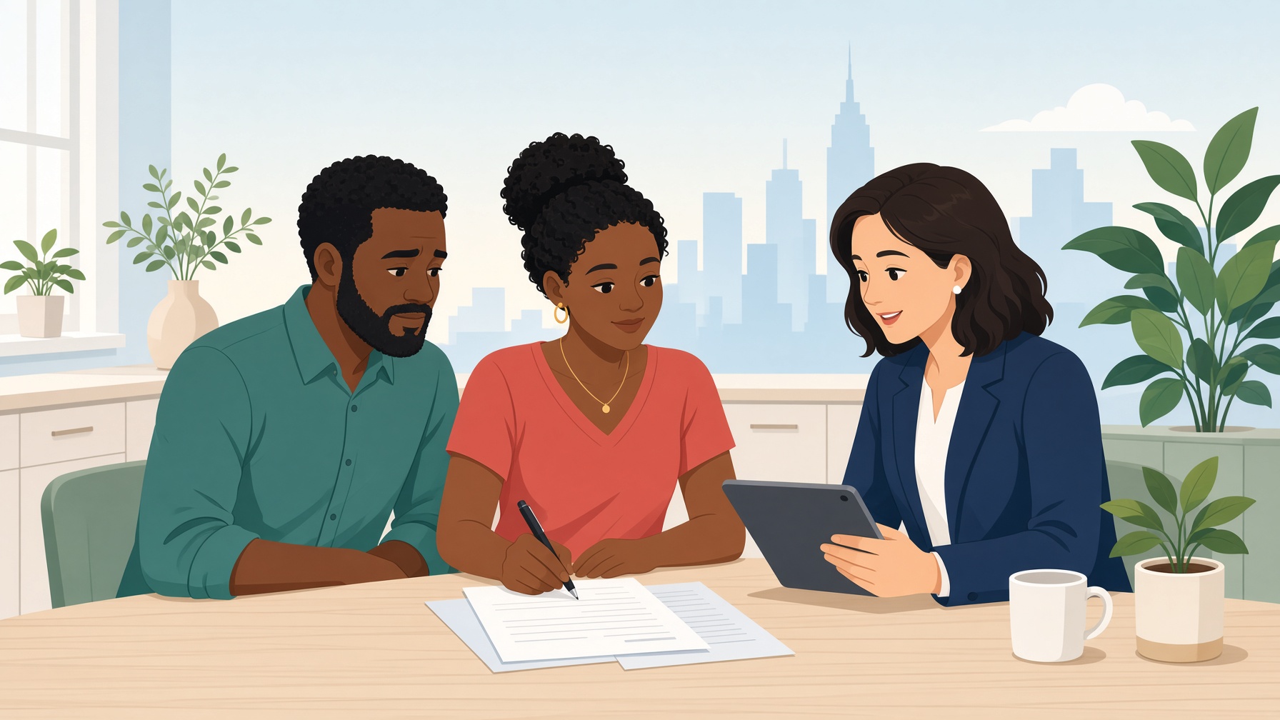Advisor reviewing disability paperwork with a couple at a table