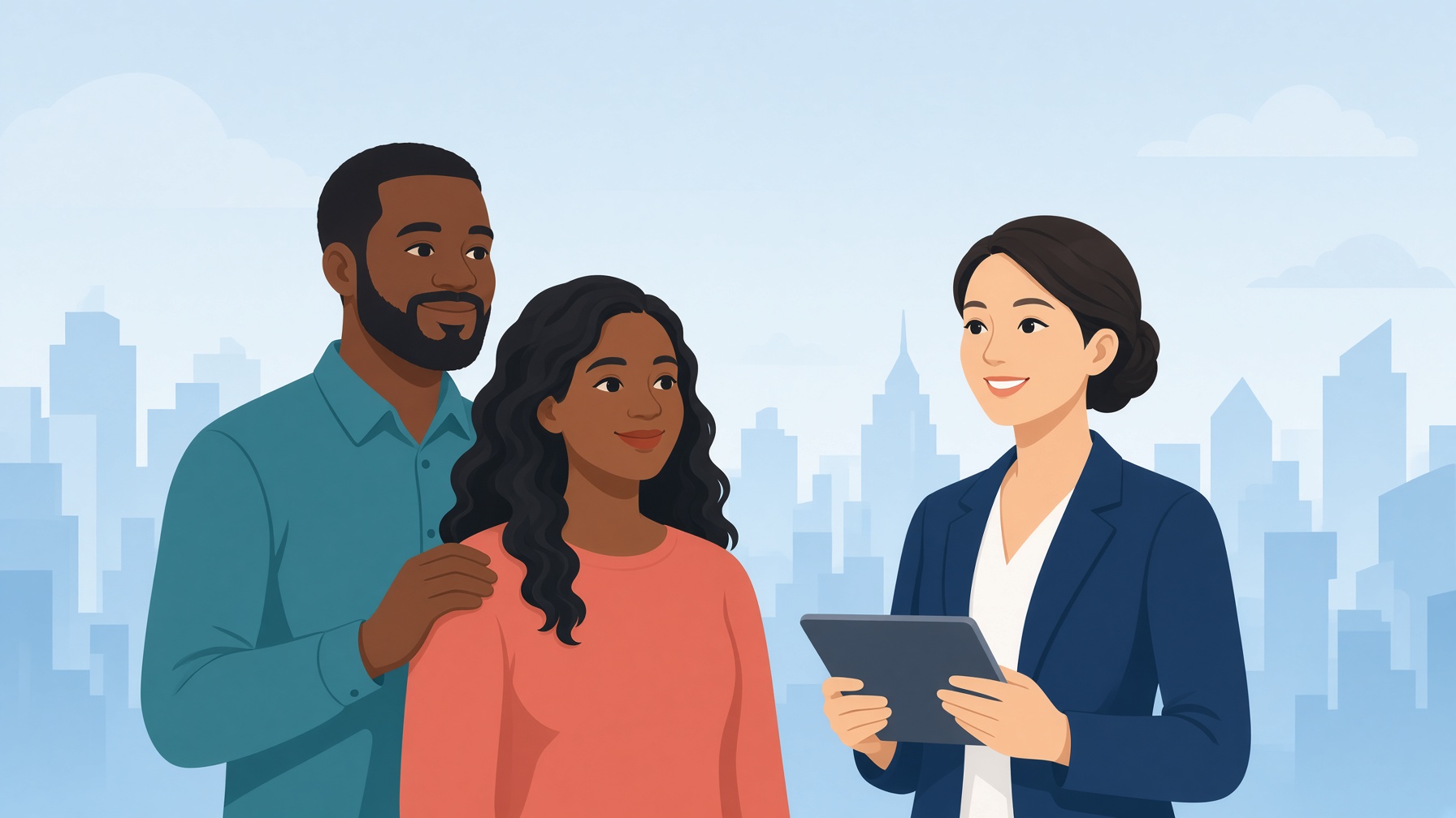 A couple meeting with an SSDI campaign advisor in front of a city skyline